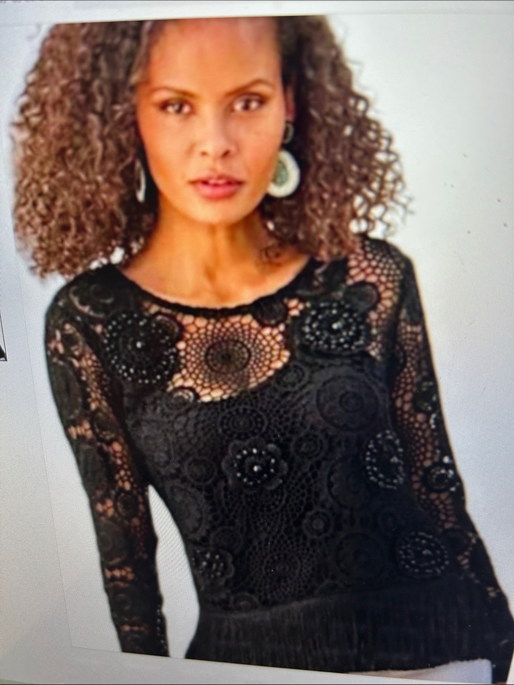 Boston Proper Black Crochet Fringe Long Sleeve Blouse or Swim Coverup
